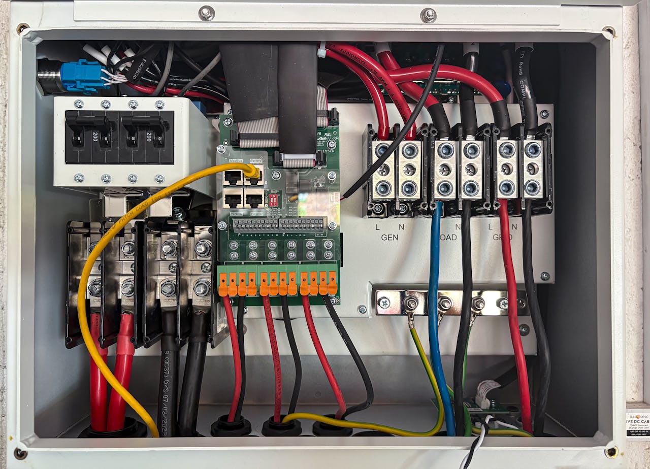 about-01 Inside view of an electrical control panel showing circuits and connections.
