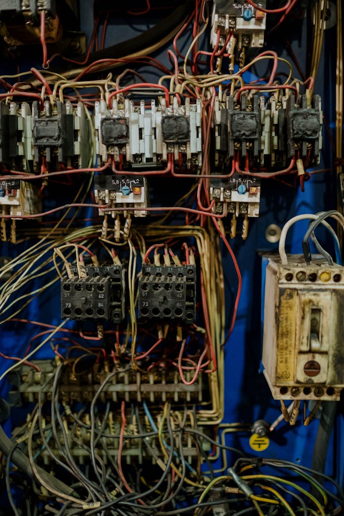 hero-img-01 Close-up view of an intricate electrical wiring panel with various cables and connectors.