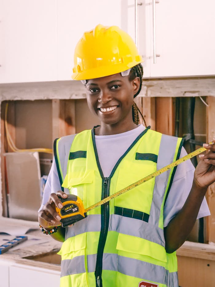 gallery-3 Smiling female engineer holding a measuring tape, wearing PPE and hardhat indoors.