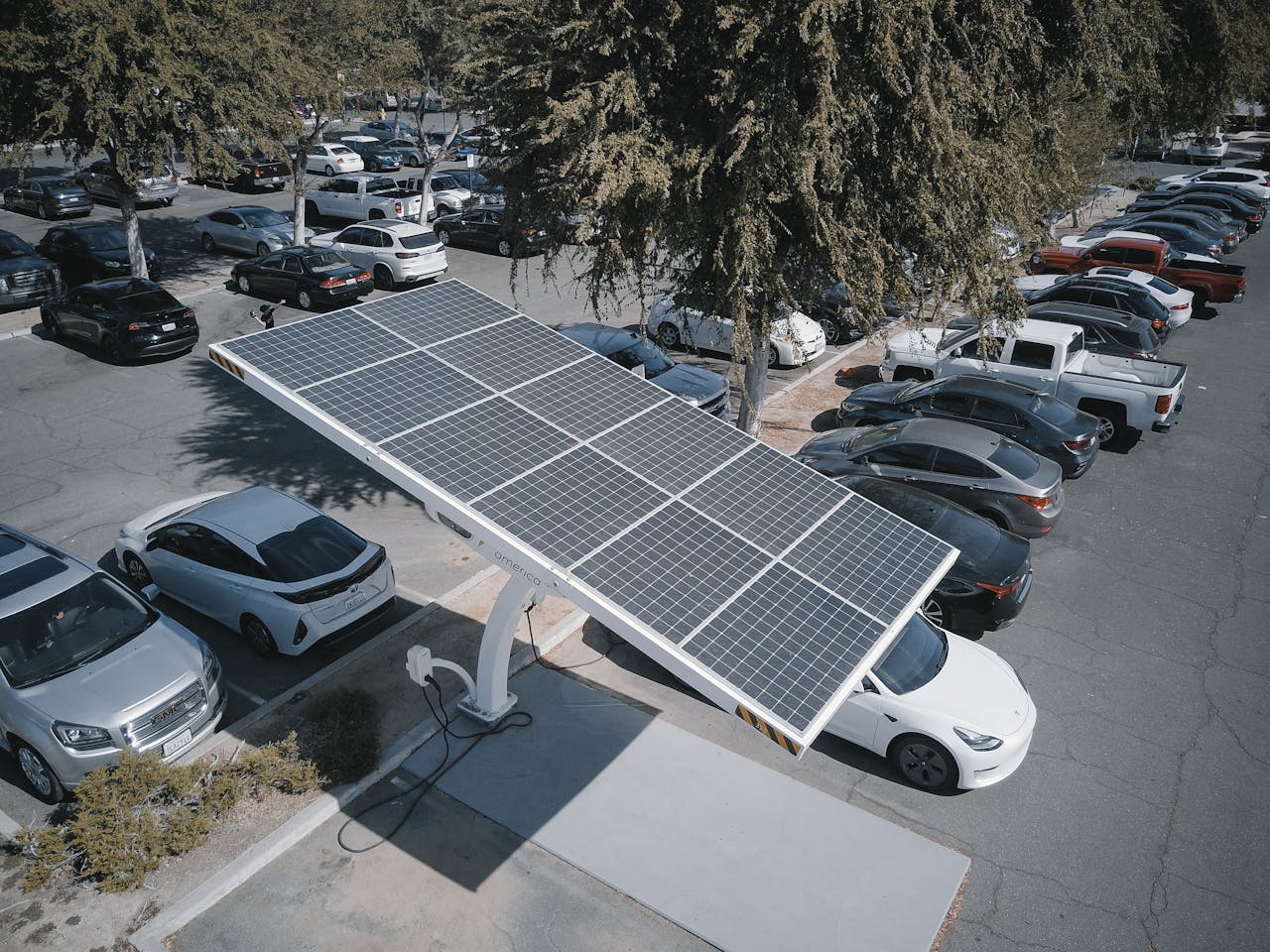 our-experience Electric cars charging at a solar-powered station in a parking lot.